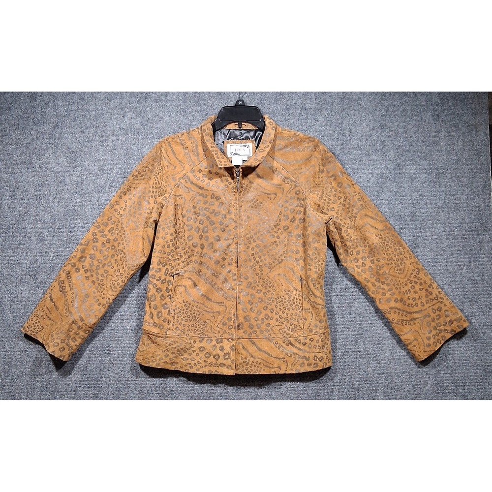 Tria Womens Tan Leather Mixed Animal Print Zip Up Jacket‎ Size M Leopard Zebra
